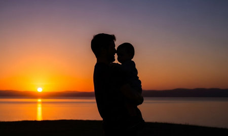 Silhouette of father and son looking at the sunset on the lakeの素材