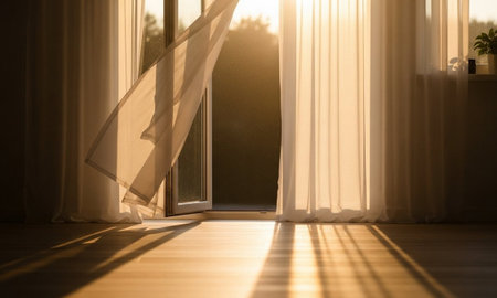 Sunlight through the window in a room with curtains and plants.の素材