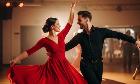 Young couple dancing ballroom dance in modern dance studio. Man and woman in red dress.の素材
