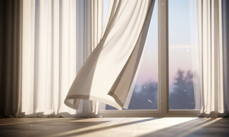 white curtain on the window in the room with winter landscape background.の素材