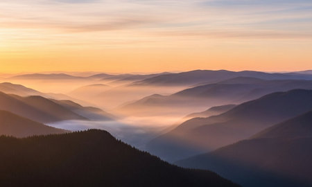 Foggy sunrise in the Carpathian mountains, Ukraine.の素材