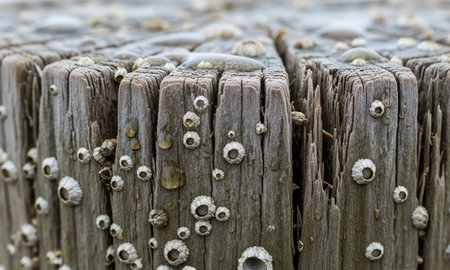 Close up of a wooden fence with seashells on it.の素材