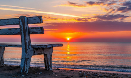 Wooden bench on the beach at sunrise. Beautiful seascape.の素材