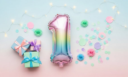 Vibrant pastel-colored birthday scene with a shiny number one balloon, wrapped gifts, and festive decorations, perfect for celebrating a first birthday or special occasion with a joyful and playful atmosphere.の素材