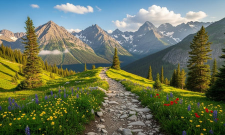 Hiking trail through alpine meadow with colorful wildflowers and tall mountain peaksの素材