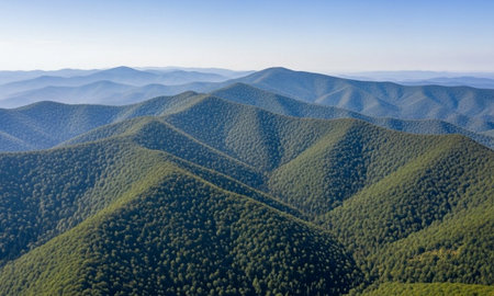 Aerial landscape of vast rolling green hills covered in dense deciduous forestの素材