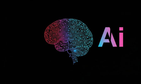 Digital brain silhouette with AI text on black backgroundの素材