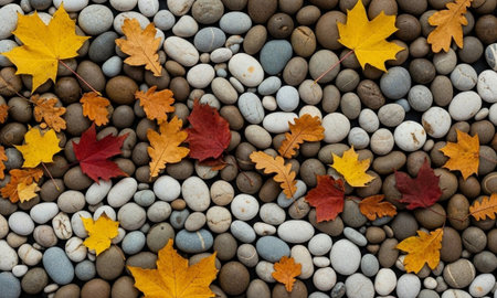 Autumn leaves and smooth river pebbles background top viewの素材