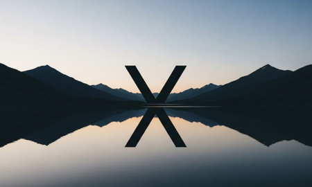 Symmetrical Mountain Reflection in Calm Lake with Abstract Modern X Logo Overlayの素材