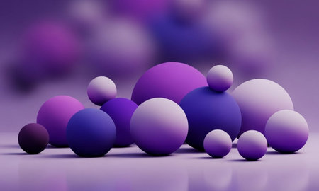 Minimalist 3D Illustration of Purple and Lavender Matte Spheres Arranged on a Flat Surfaceの素材
