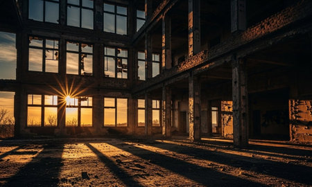 Interior of a ruined factory at sunset, sunbeams through broken windows, dusty.の素材