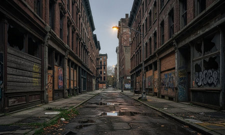 Abandoned urban street with boarded-up shops, graffiti, and puddles after rain.の素材