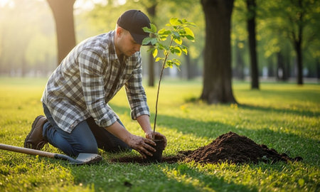Man planting a young tree in a green park during golden hour, eco-friendly activityの素材