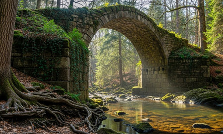 Magical Stone Bridge in Forest with Sunbeams and Flowing Waterの素材