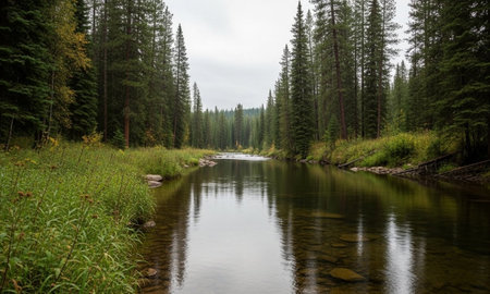 Calm river flowing through a dense pine forest under an overcast skyの素材