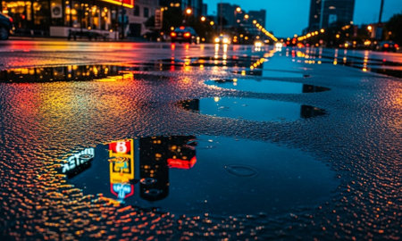 City Street at Night After Rain with Neon Reflections in Puddlesの素材