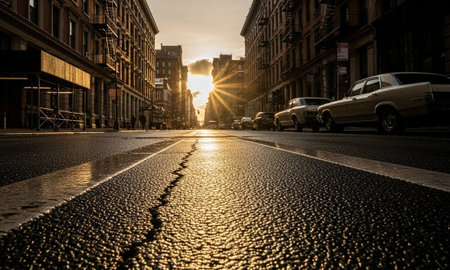 New York City street at sunset, low angle view of wet asphalt and vintage carsの素材