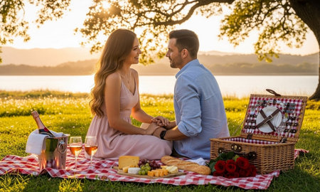 Romantic couple having a picnic by the water at sunset.の素材