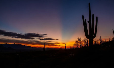 Silhouette of saguaro cactus at twilight sunset in Arizona desertの素材
