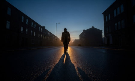 Silhouette of man walking towards golden sunrise on wet city streetの素材