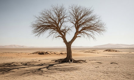 Gnarly bare tree with exposed roots in a vast sandy desert landscapeの素材