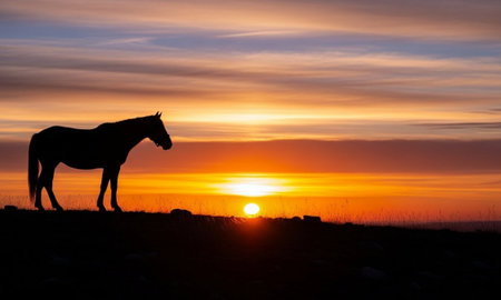 Horse silhouette stands on hill against dramatic sunset skyの素材