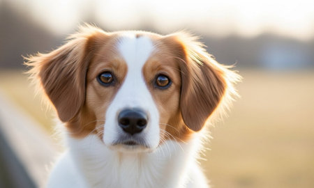Close-Up Portrait of a Kooikerhondje Dog Bathed in Soft Backlightの素材