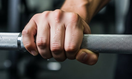 Sweaty Hand Gripping a Barbell in a Gymの素材
