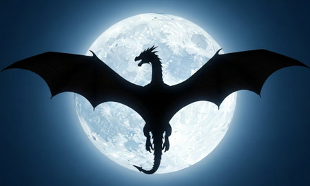 Silhouette of a dragon with wings spread against a full moonの素材