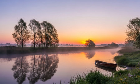 Calm river at sunrise with soft pastel colors, trees reflected in the water, peaceful morningの素材