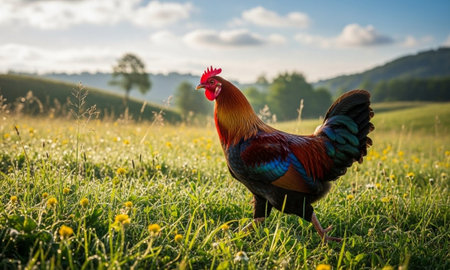 Rooster Walking in a Grassy Field with Wildflowersの素材