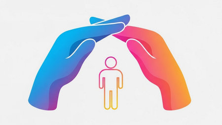 Vibrant gradient hands forming a protective roof over a human figure, symbolizing securityの素材