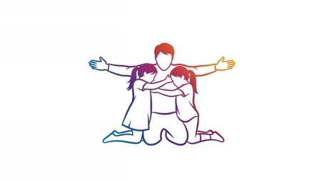 Line Art Illustration of a Father Embracing Two Daughters with Rainbow Gradientの素材