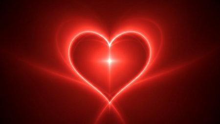 Neon red heart glowing with light flares on dark backgroundの素材