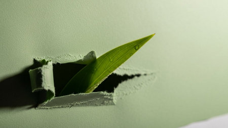 Single green leaf with water droplets breaking through torn paperの素材