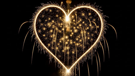 Heart shaped firework against black skyの素材