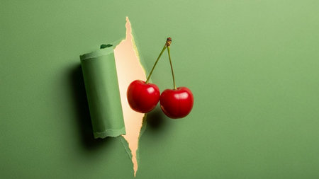 Two ripe red cherries peeking through a tear in light green paper, fresh and vibrantの素材