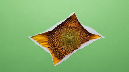 Close-up of a sunflower center peeking through ripped paper, vibrantの素材