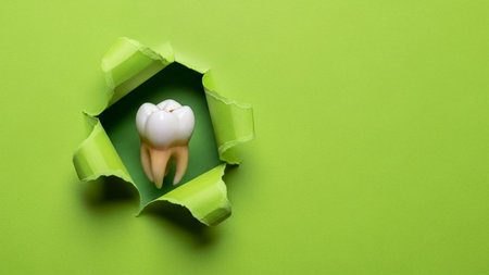 A tooth peeking through a jagged rip in green paper, dental conceptの素材