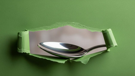 Shiny spoon emerges from torn green paper, creative food photographyの素材