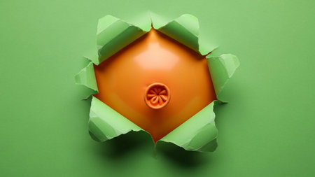 Orange balloon with a valve visible through torn green paperの素材