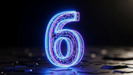Futuristic Digital Number Six with Glowing Blue and Purple Circuitry - Technology Conceptの素材