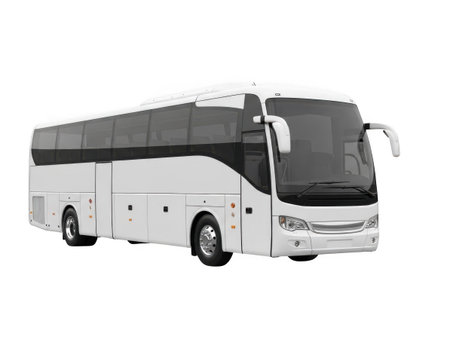 A rendered luxury tour bus, featuring a sleek design, multiple windows, and a spacious interior, embodying a high-end, comfortable travel experience.の素材