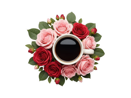Cup of coffee with roses on white background. Flat lay, top viewの素材