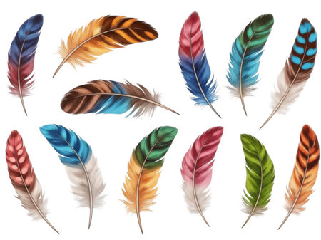 Set of multicolored feathers. Vector illustration isolated on white background.の素材