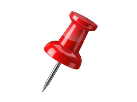 Red pushpin isolated on white background. 3d render illustration.の素材