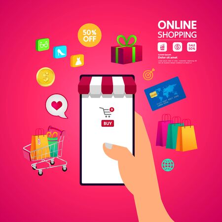 Shopping Online on Website or Mobile Application vector illustration.のイラスト素材
