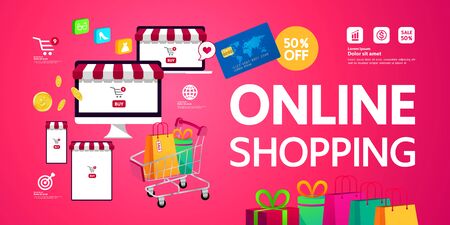 Shopping Online on Website or Mobile Application vector illustration.のイラスト素材
