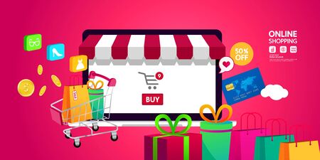 Shopping Online on Website or Mobile Application vector illustration.のイラスト素材