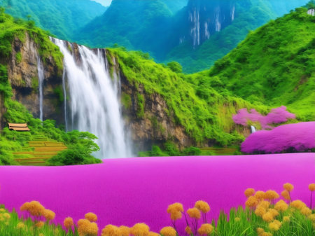 Flower field with mountain and waterfall background, Generative AI Illustration.の素材